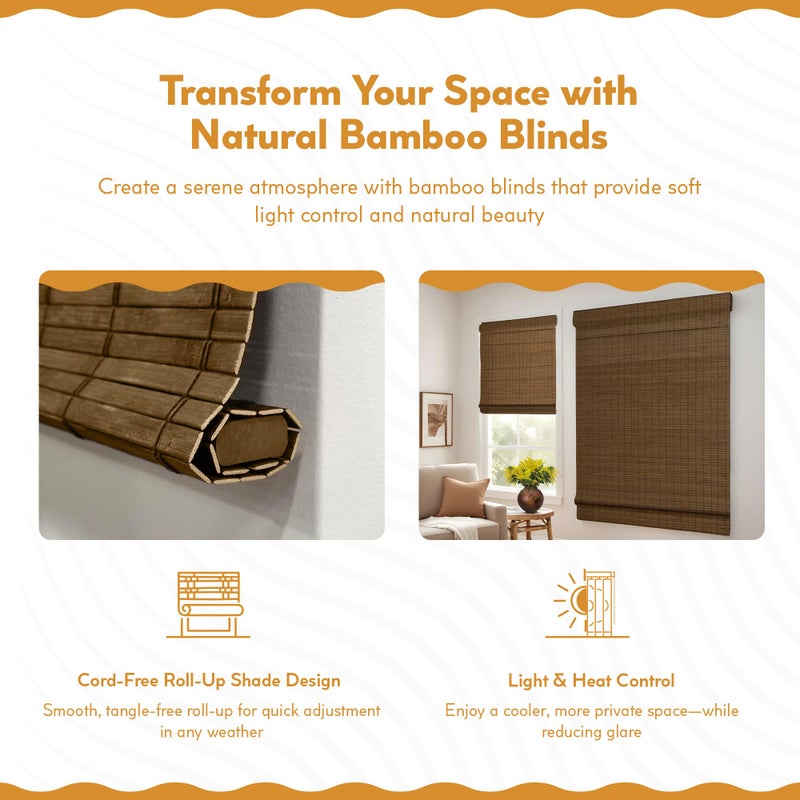 Radiance Cordless Bamboo Roman Shades for Windows - Flatstick Bamboo Blinds for Semi-Private Light Control - Easy to Lift & Fold Up Window Shades - Cocoa - 29 in. W x 64 in. L - (2216304E) - Image 3